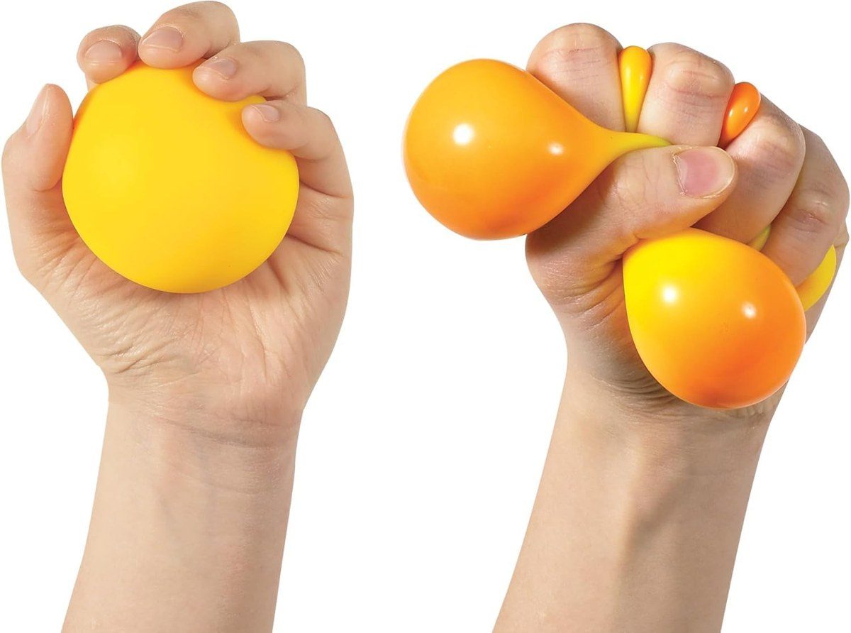 Hands squeezing colorful NeeDoh globs